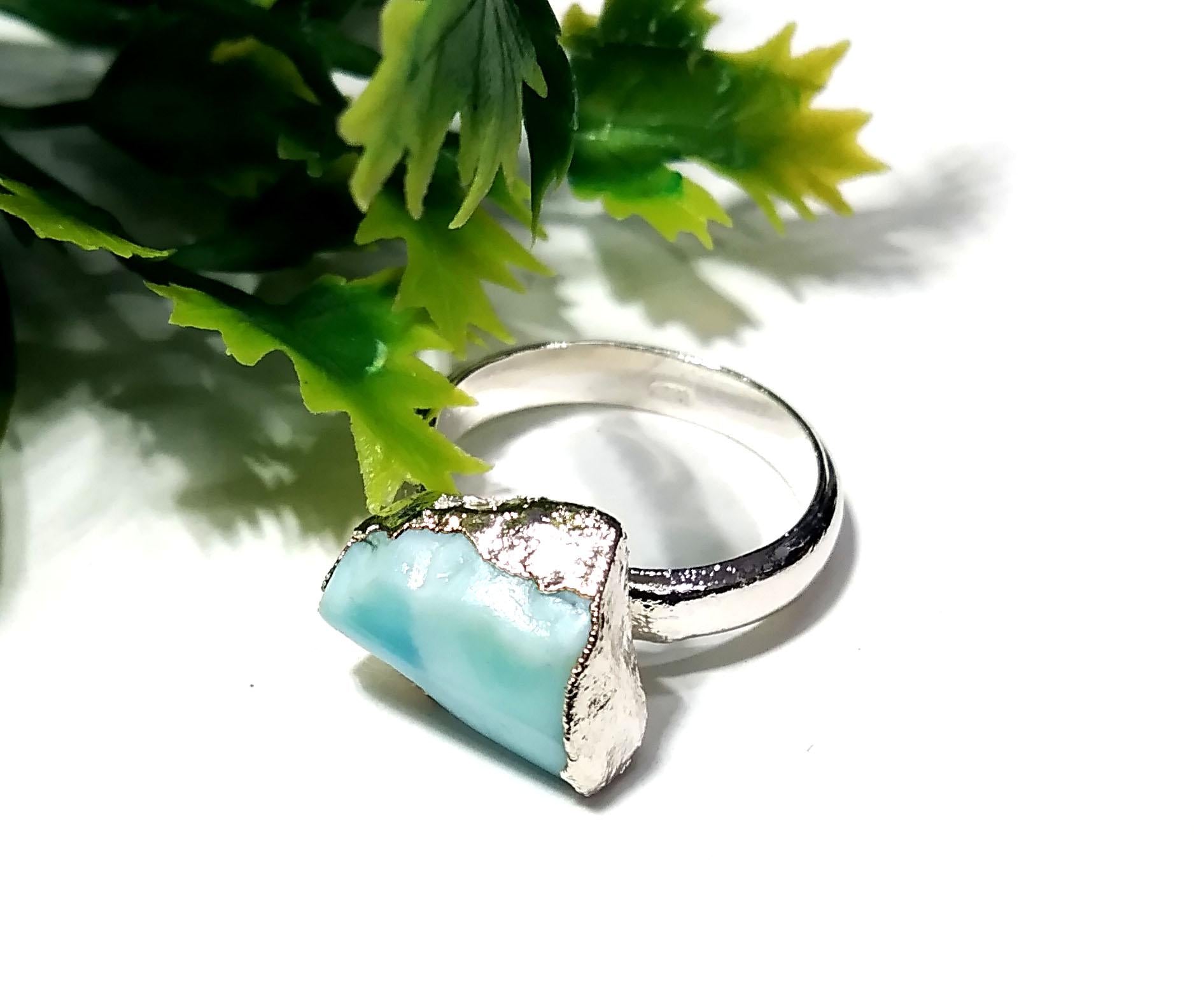 Natural Raw Larimar Rough Gemstone Ring, 925 Solid Sterling Silver Ring, Larimar Stone Size 12x8mm Handmade Ring, Gift Wedding Ring Jewelry